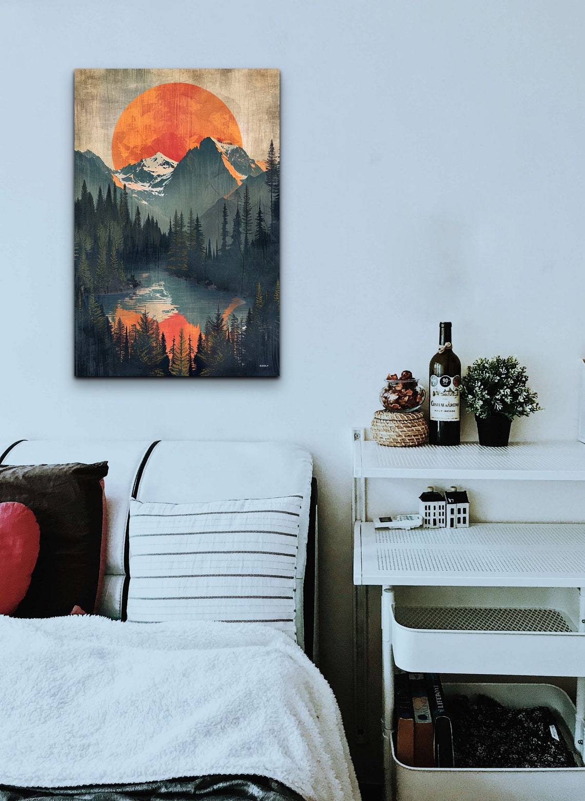Mid Century Mountain Lake Sunset Pine Forest Landscape Wall Art - Image 4