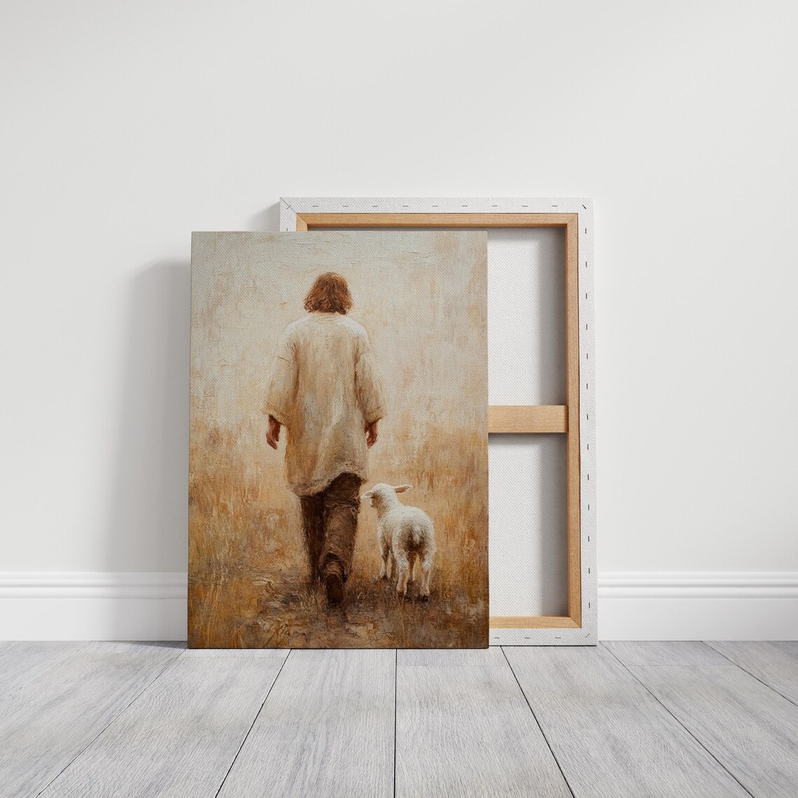 Jesus Walking Away Through a Golden Field With a Lamb Following Poster - Image 6