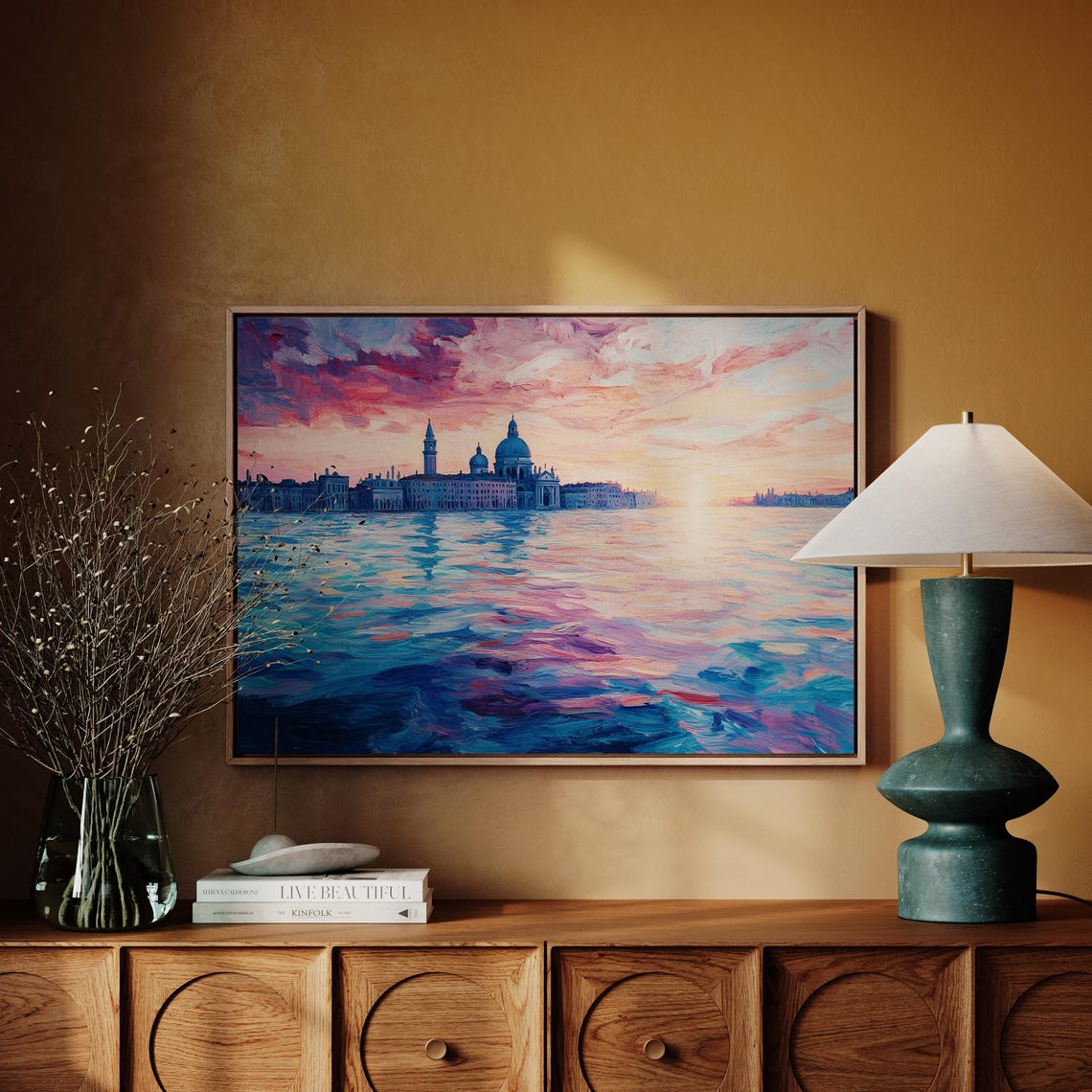 Venetian Pink Sunset Lagoon Domes Impressionist Painting Poster