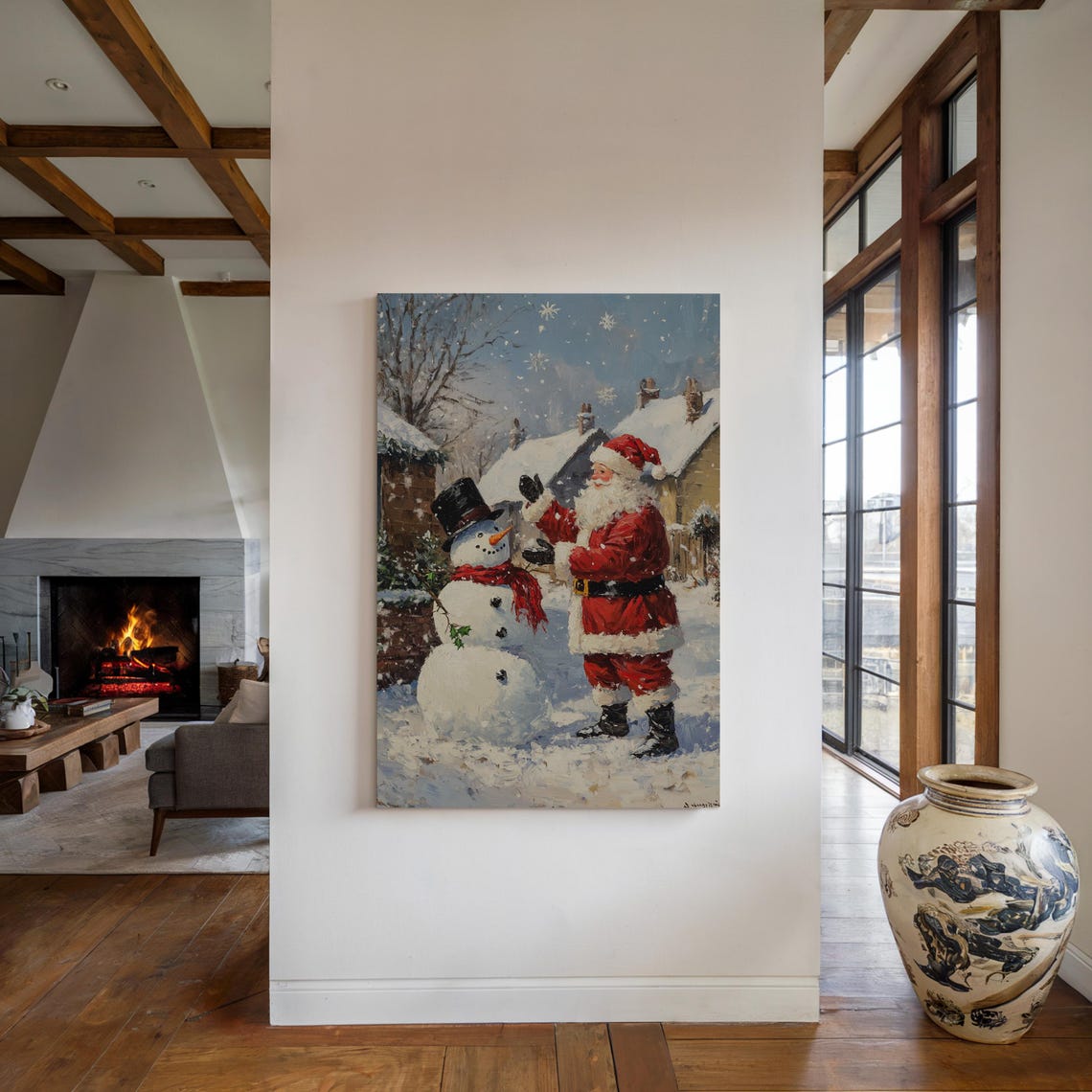 Vintage Santa Claus And Snowman Oil Painting Christmas Holiday Wall Art Cozy Winter Wonderland Scene For Festive Home Decor - Image 4