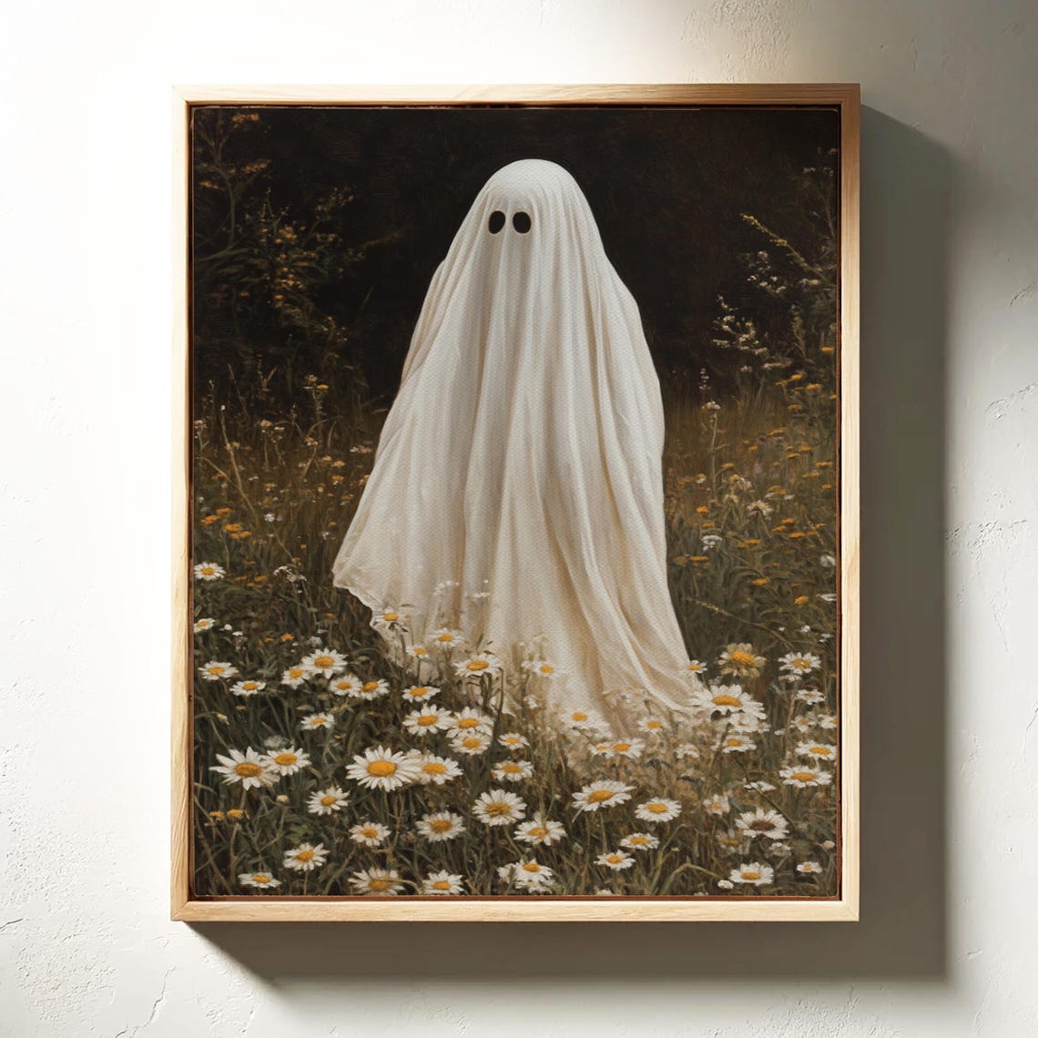 Cute Sheet Ghost In Daisy Meadow Moonlit Halloween Art Poster - Image 5