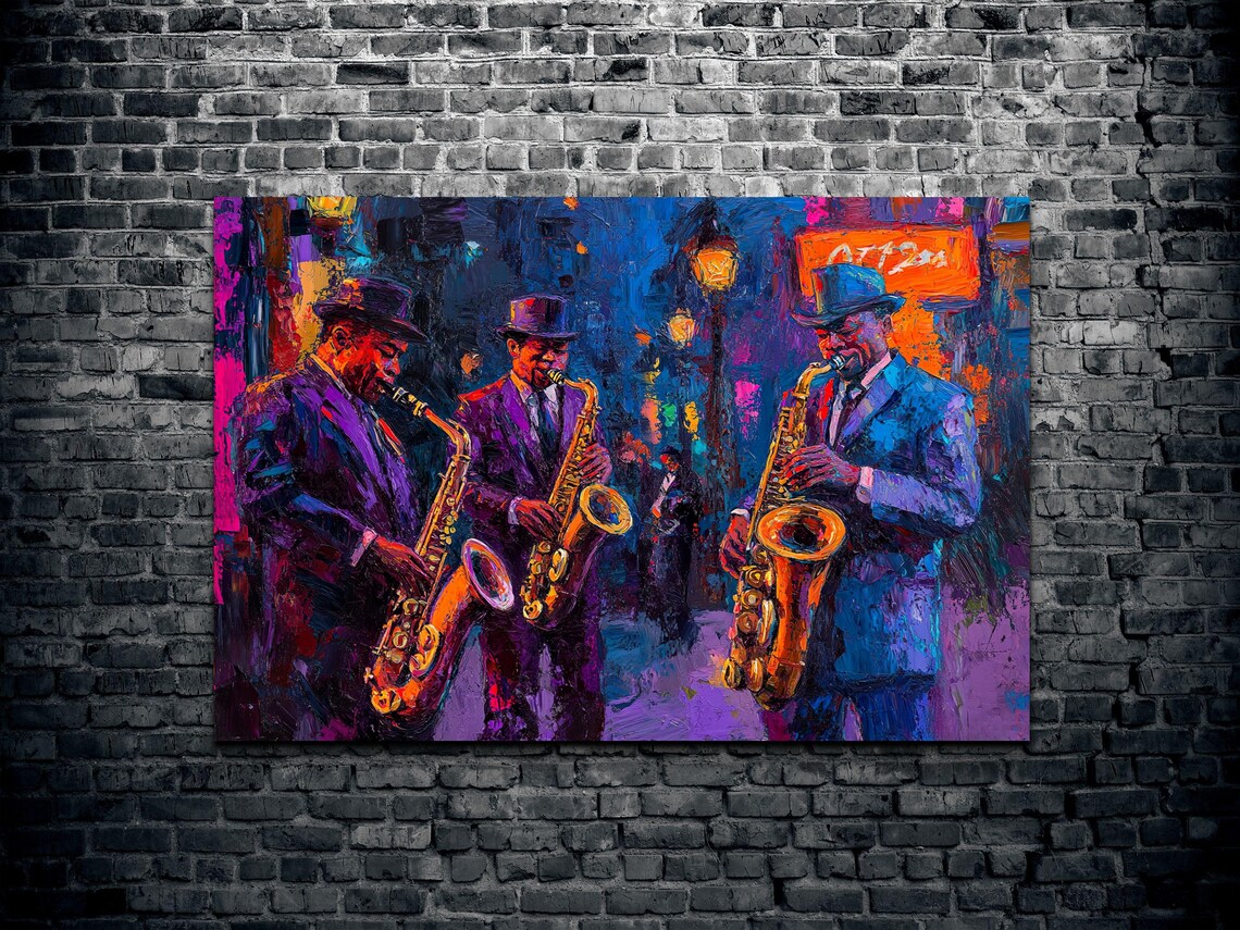 Street Saxophone Trio Night City Moody Blue Jazz Band Art Poster - Image 2