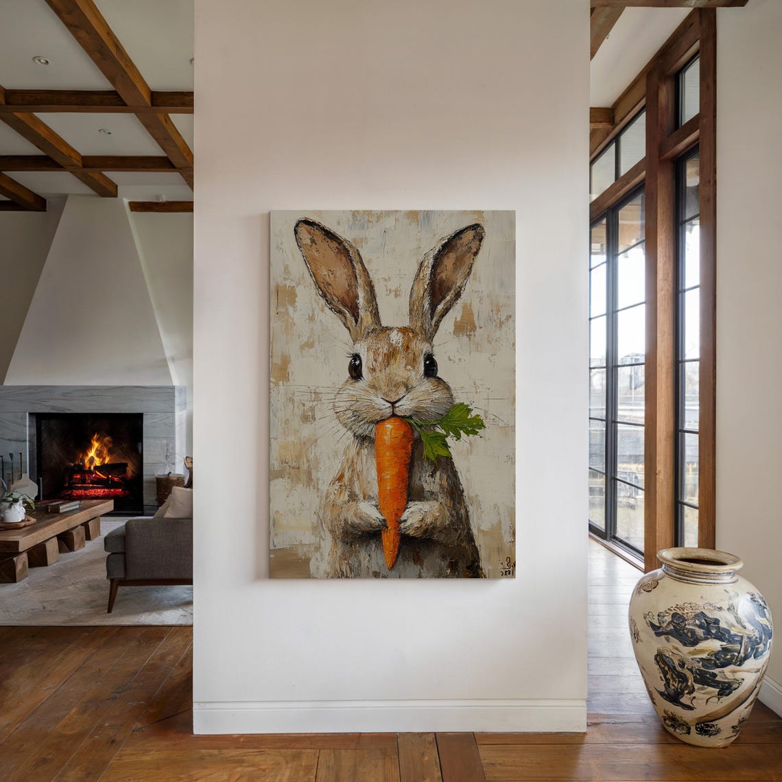 Adorable Bunny Munching a Carrot on Rustic Beige Canvas Poster - Image 4