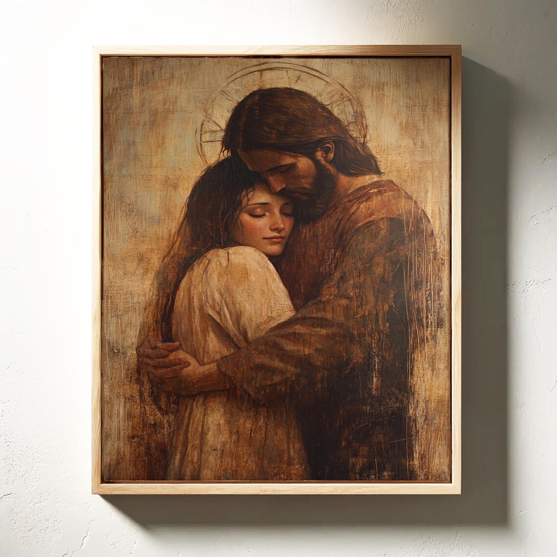 Jesus Embracing Woman Golden Halo Tender Faith Love Art Poster - Image 3