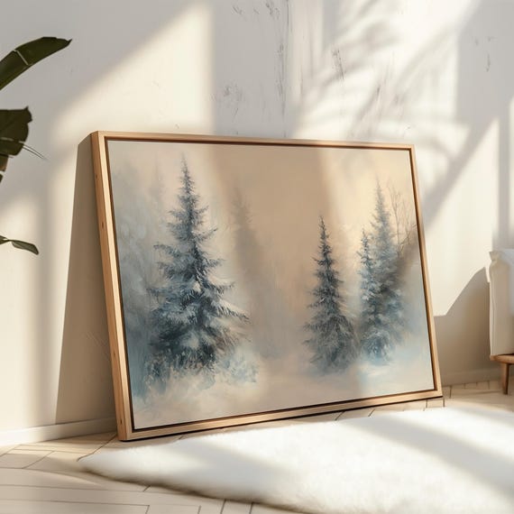 Winter Snowy Pine Forest Canvas Wall Art Serene Frosted Landscape Painting With Misty Trees And Tranquil Neutral Decor