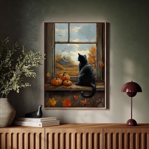 Autumn Black Cat and Pumpkins Rustic Window Scene Fall Poster