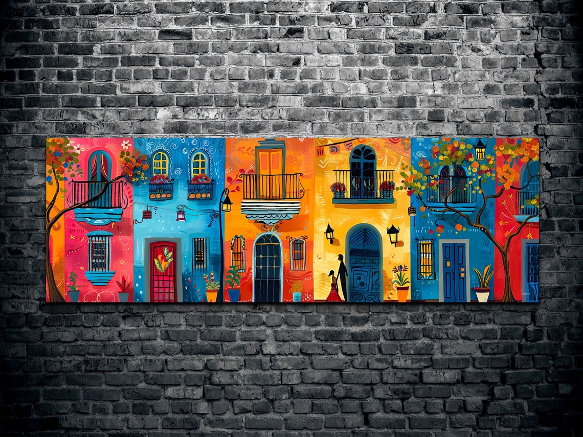 Colorful Mexican Colonial Street Facades Panoramic Folk Poster - Image 2