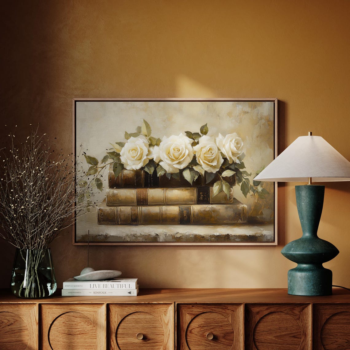 Creamy White Roses on Antique Books Neutral Elegant Wall Poster - Image 6