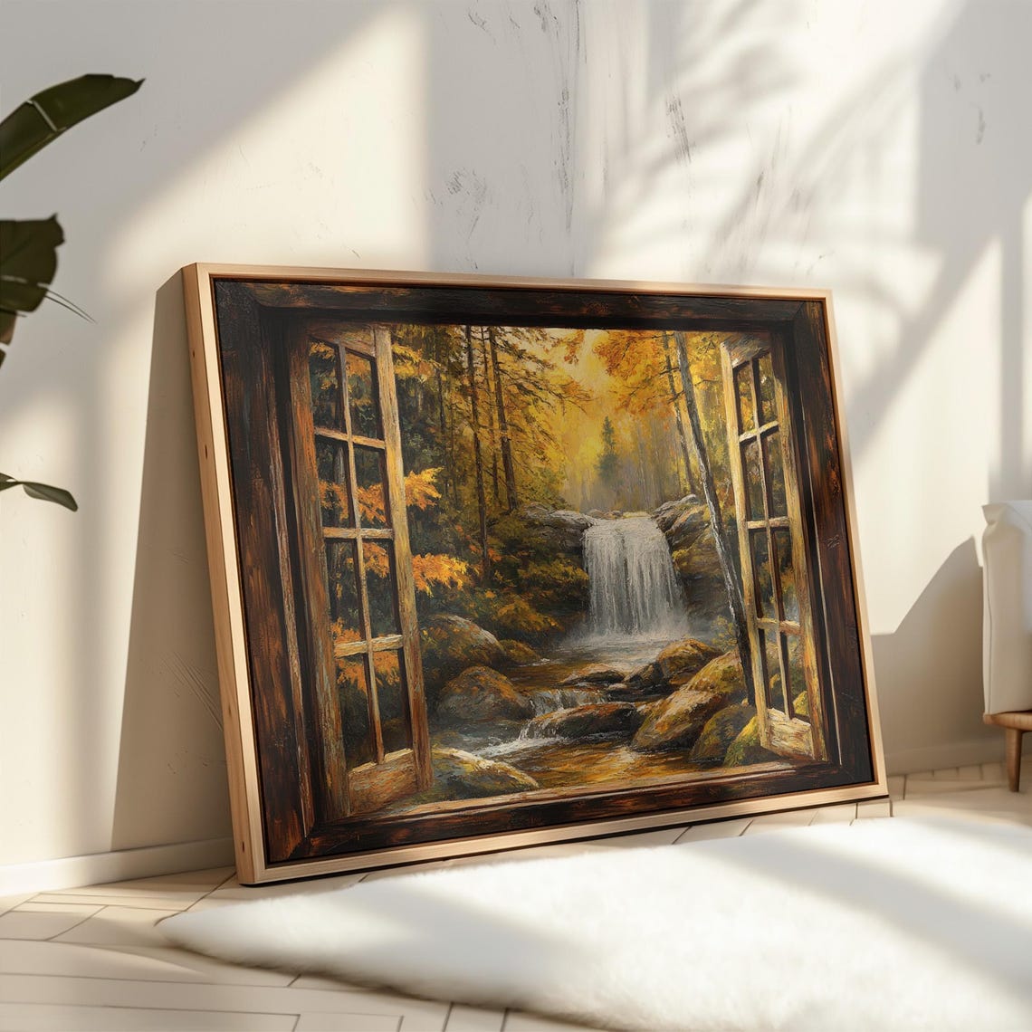 Open Rustic Window Autumn Waterfall Golden Forest View Wall Art