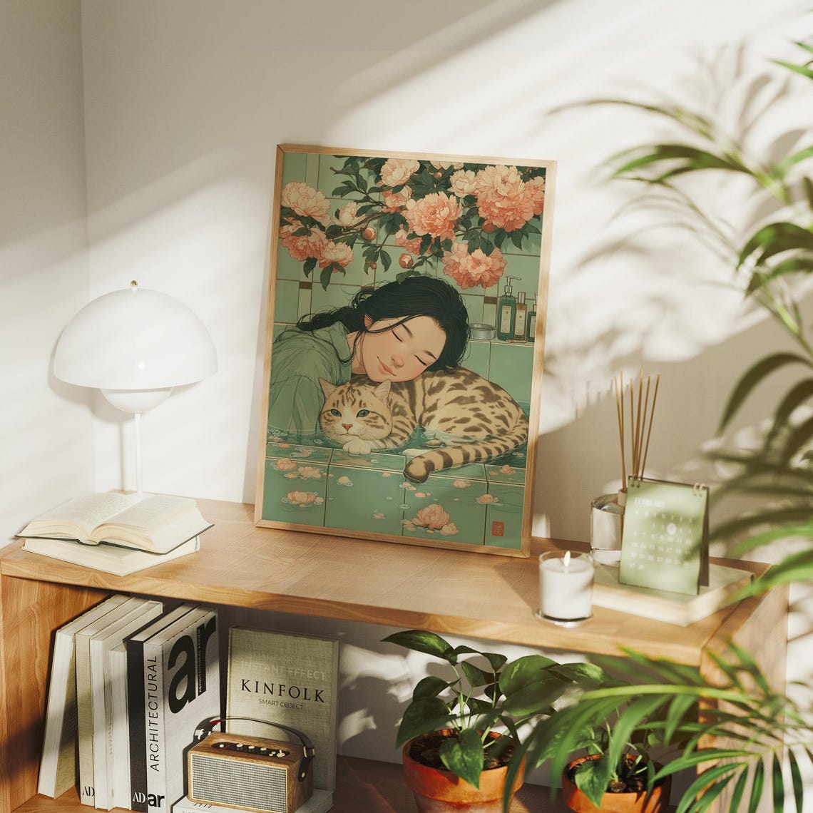 Cozy Serene Woman Bathing With a Cat Among Pink Peonies Art Print