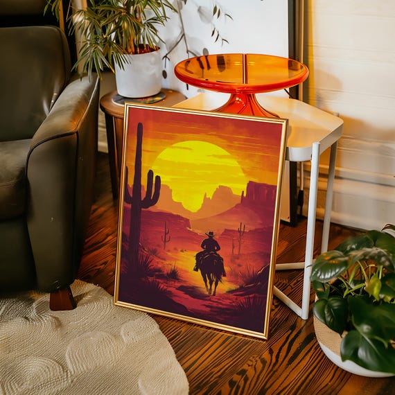 Cowboy Desert Sunset Wall Art Western Landscape Canvas With Cactus Horse Rider And Bold Yellow Sky Southwest Vintage Poster Print