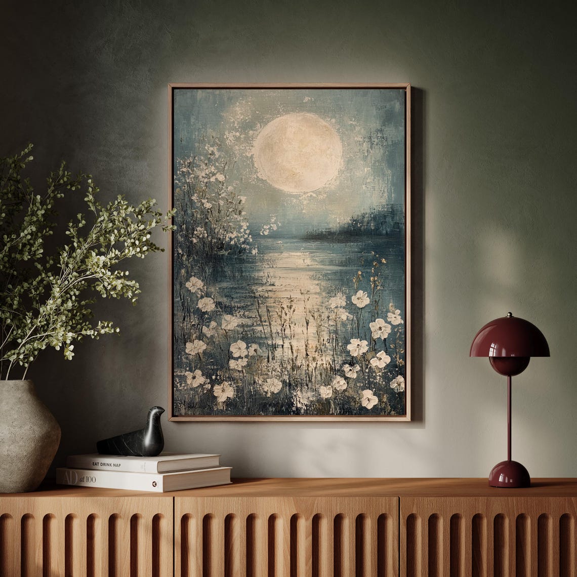 Moonlit Lake Wild White Flowers Full Moon Reflection Serene Poster