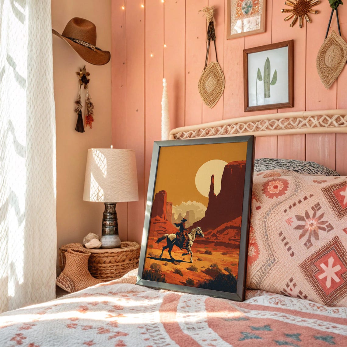 Cowboy Riding Through Red Canyon Desert Sunset Western Poster