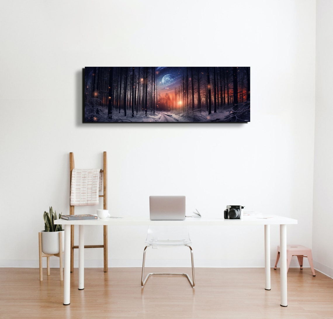 Snowy Forest Moonlight Night Winter Path Panoramic Art Poster - Image 5