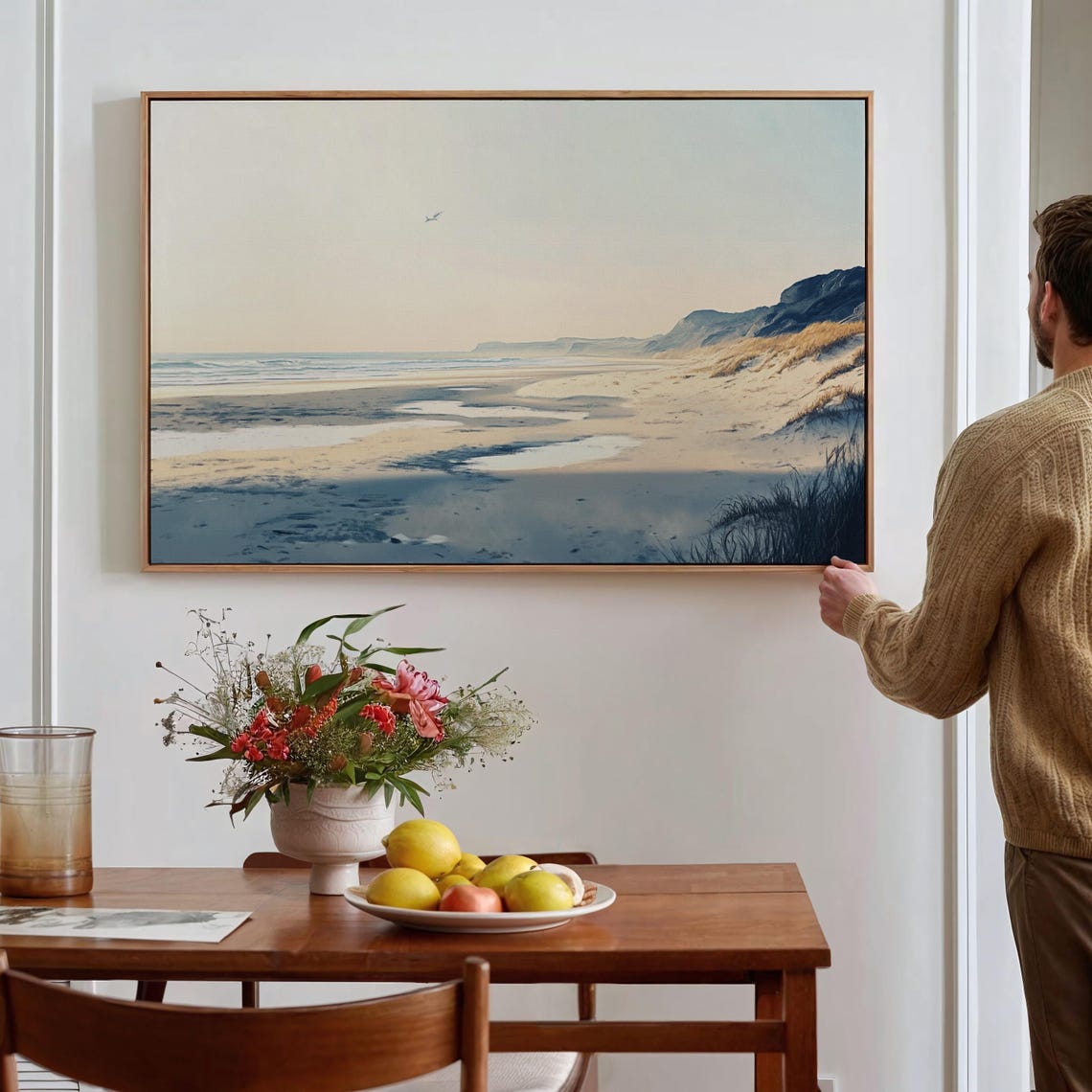 Wide Sandy Beach Tidal Pools Dunes Minimalist Coastal Wall Art