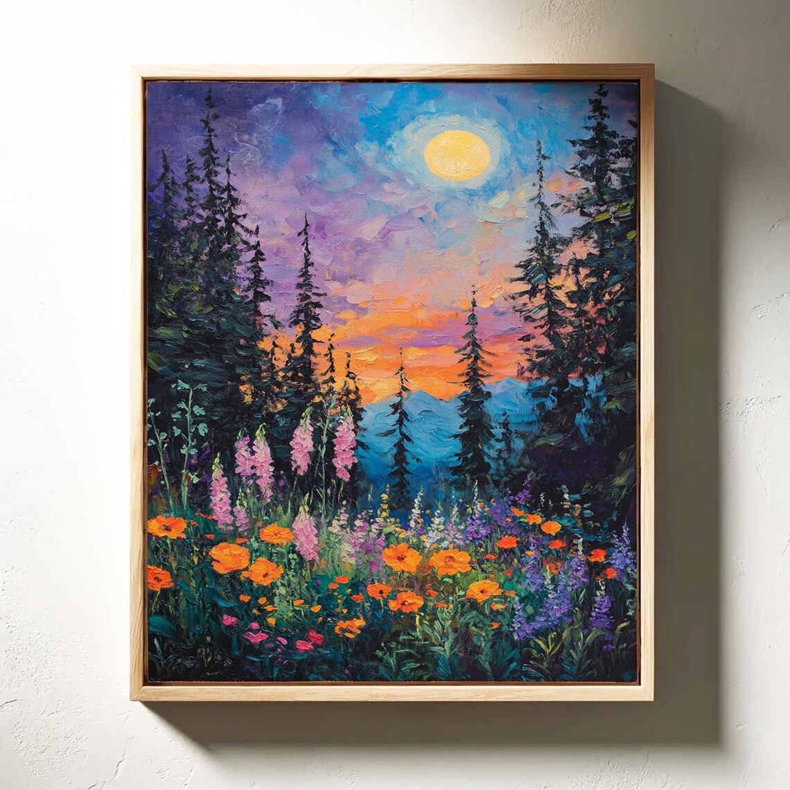 Full Moon Above Evergreen Forest And Colorful Wildflower Field Poster - Image 6