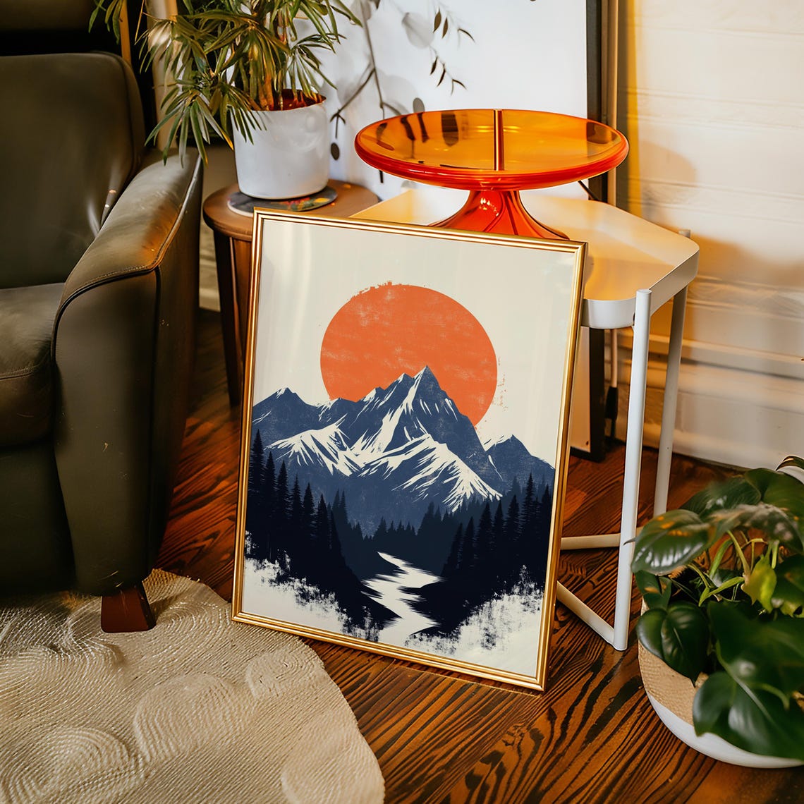 Bold Orange Sun Over Navy Mountain River Modern Sunset Poster