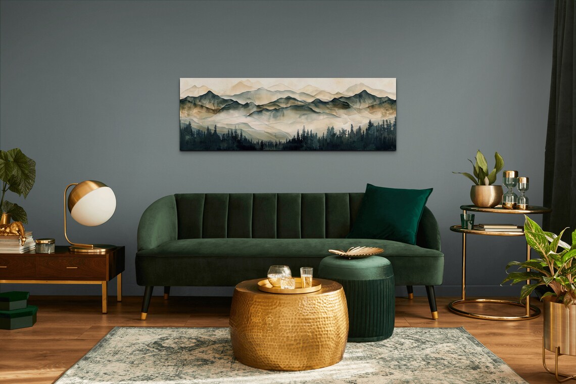 Geometric Smokey Tree-Lined Mountain Range Art Print - Image 5