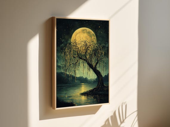 Moonlit Willow Serene Nightscape With Weeping Tree And Full Moon Reflection Mystical Nature Wall Art For Peaceful Decor