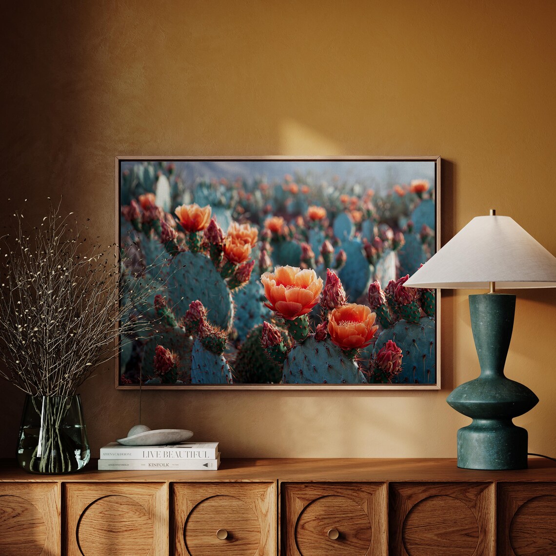 Southwest Desert Cactus Bloom Canvas Vibrant Orange Prickly Pear Flowers Wall Art Modern Botanical Nature Print For Rustic Boho Home Decor