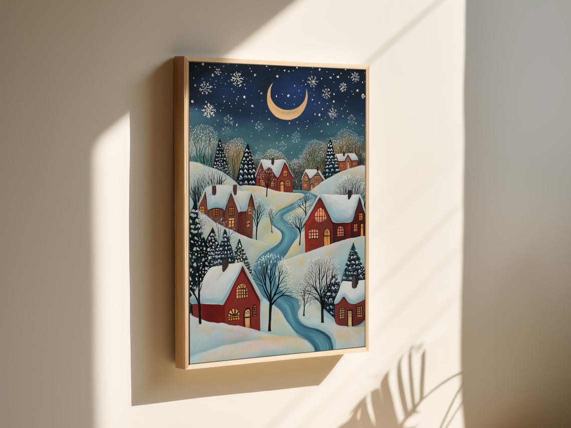 Cozy Snowy Village Winter Night Crescent Moon Starry Sky Poster
