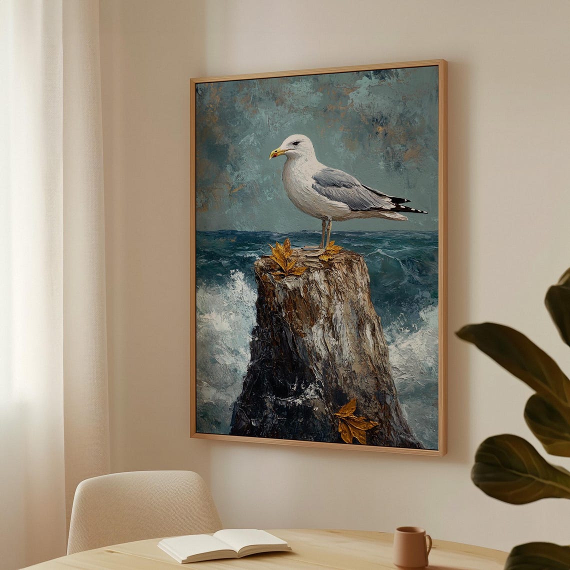 Seagull Standing on a Textured Stump with Autumn Leaves Ocean Poster - Image 3