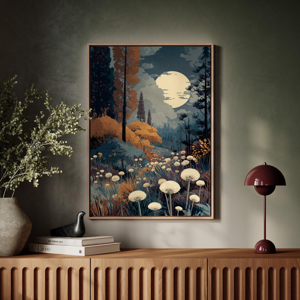 Moonlit Forest Night Landscape with Dandelion Field and Full Moon Poster