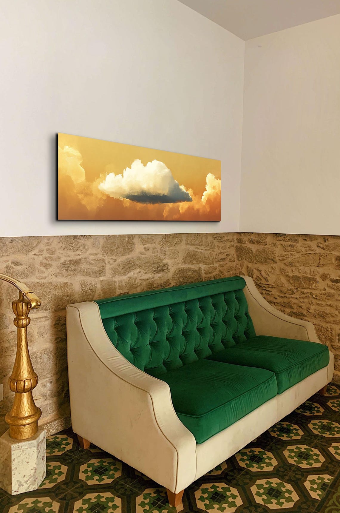 Serene Clouds Gold Green Landscape Art - Image 7