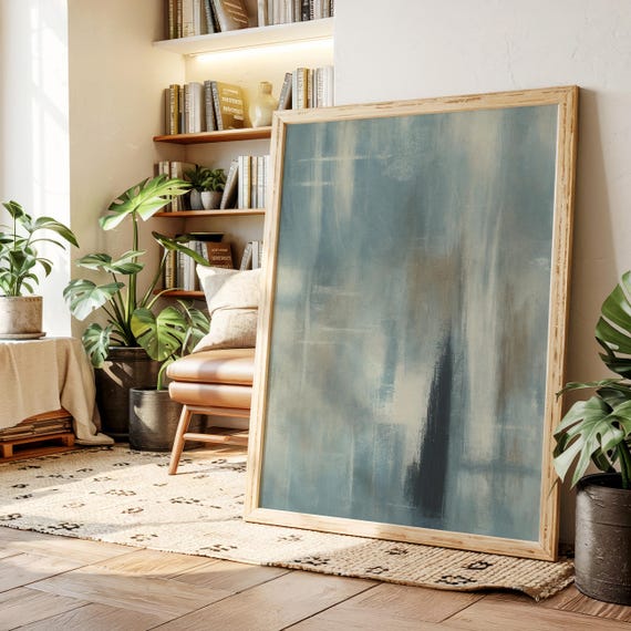Blue Neutral Abstract Canvas Wall Art Minimalist Modern Painting In Beige Navy White Tones