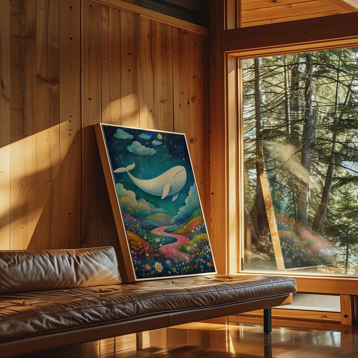 Dreamy White Whale Flying Over Pink River Flower Hills Poster - Image 4