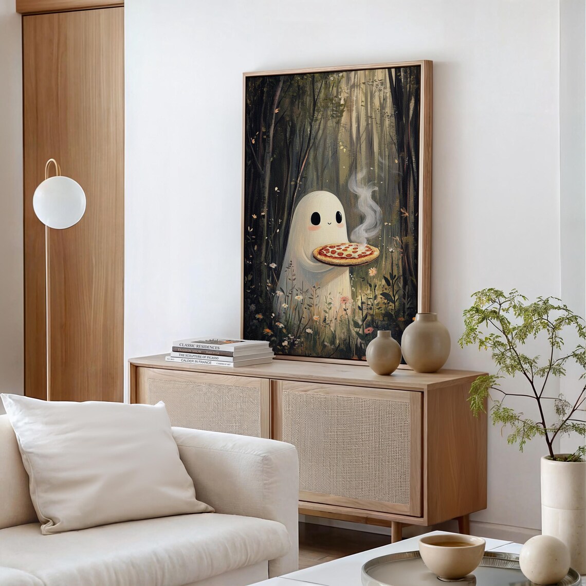 Whimsical Forest Ghost Serving Fresh Pizza Art Print - Image 2