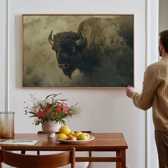 Majestic Bison In Mist Frontal Buffalo Painting Rustic Wall Poster