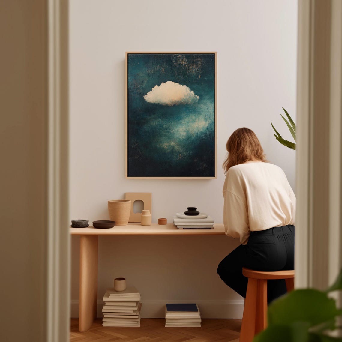 Minimalist Single Cloud Wall Art With Deep Teal And Soft White Tones For Modern Tranquil Or Contemporary Home Decor - Image 2