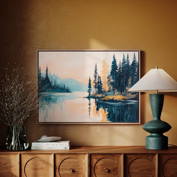 Moody Pine Forest Lake Canvas Wall Art Teal And Gold Reflection Landscape Print Serene Nature Scene For Modern Rustic Decor