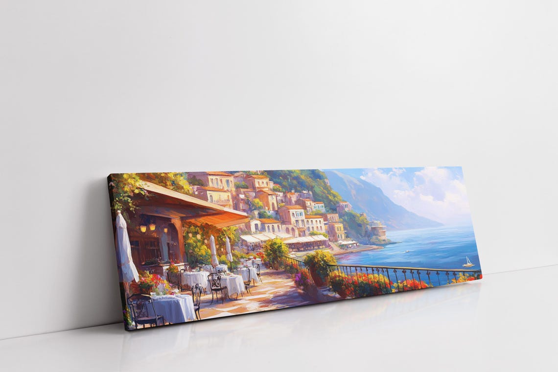 Italian Riviera Seaside Cafe Mediterranean Coastal Town View Poster - Image 3