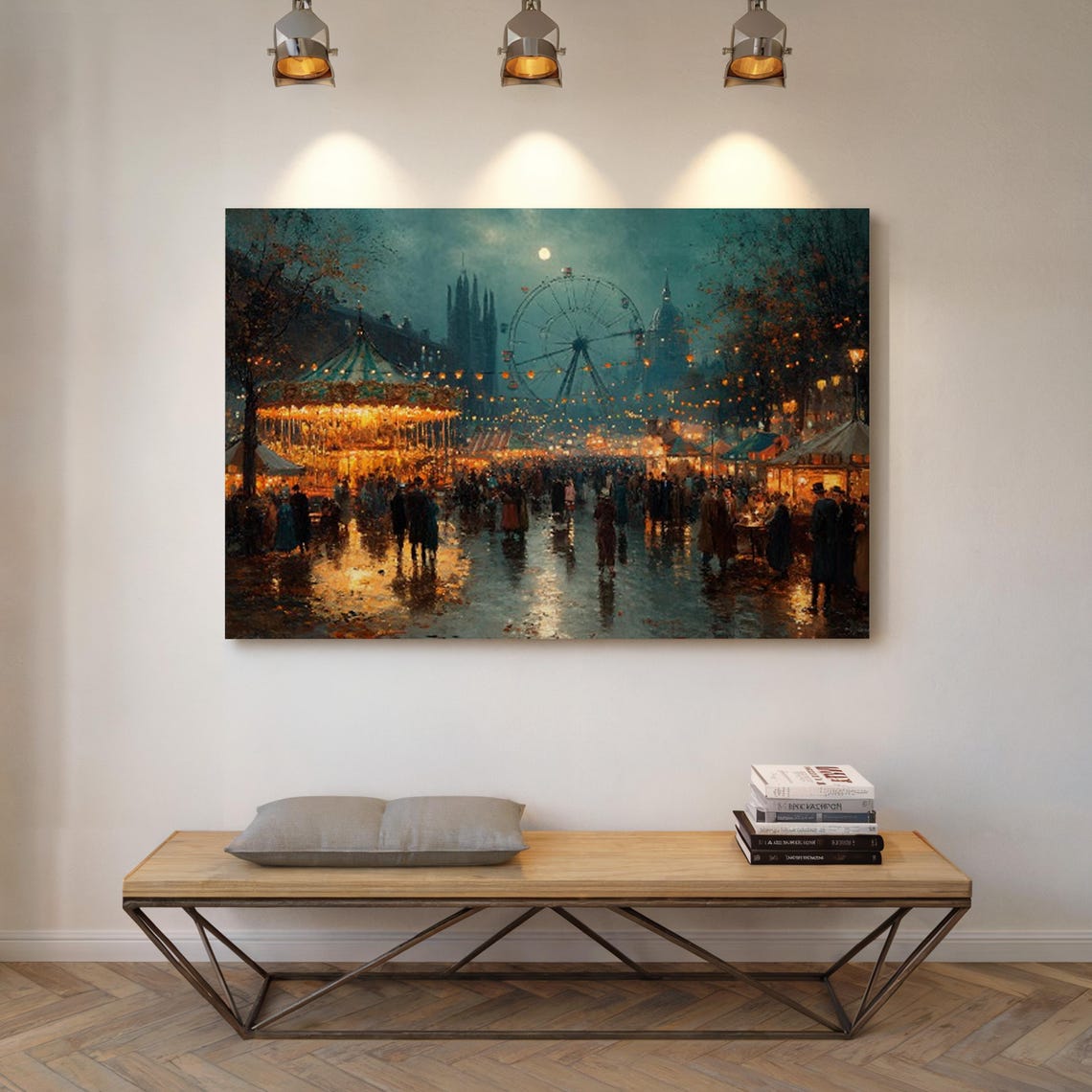 Victorian Night Carnival Ferris Wheel Rainy Autumn Fair Art Poster