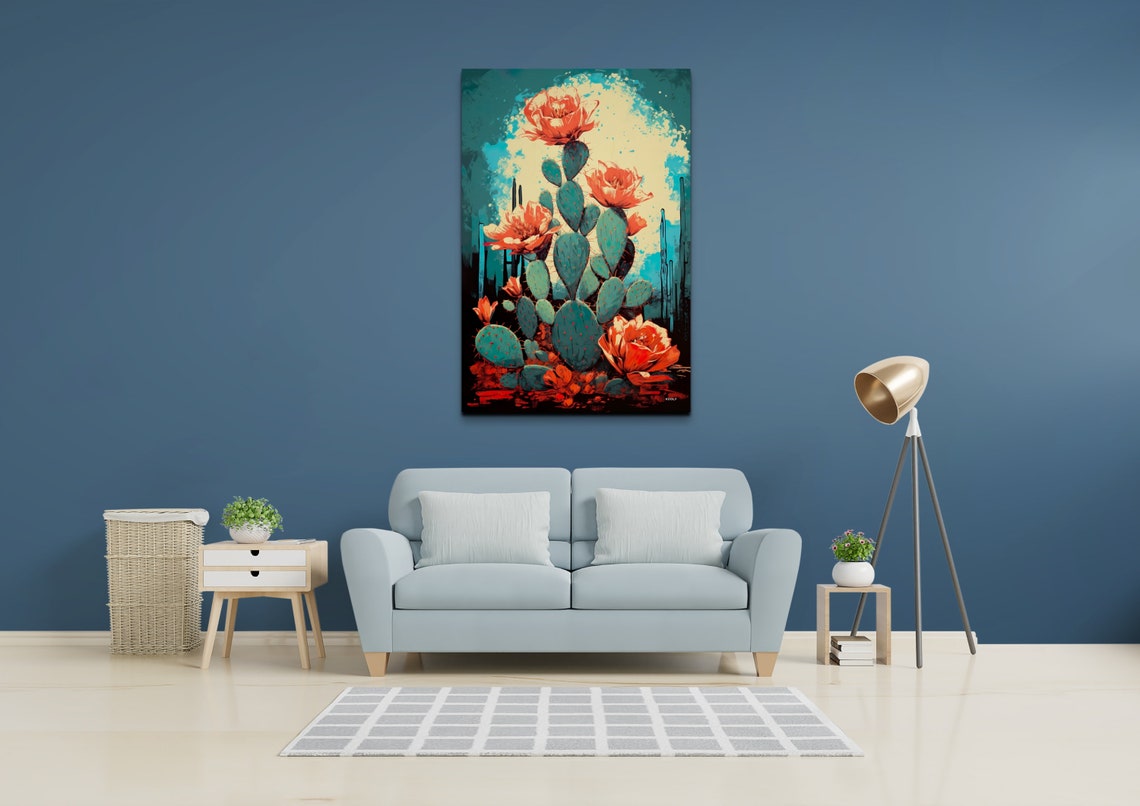 Blooming Cactus Red Flowers Teal Pop Art Desert Botanical Poster - Image 7