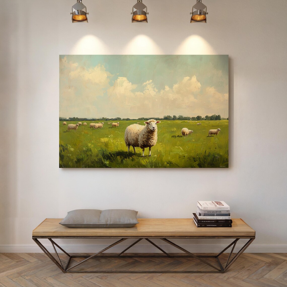 Sheep Grazing in Green Pasture Vintage Farmhouse Painting Poster - Image 5