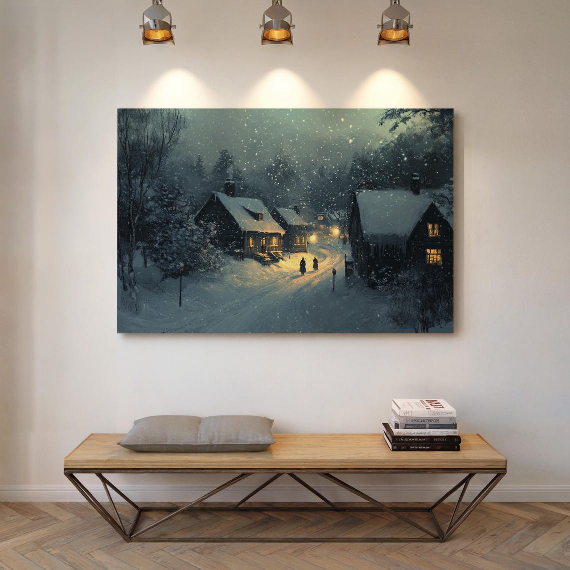 Snowy Village at Night with Warm Glowing Windows Winter Art Poster - Image 4