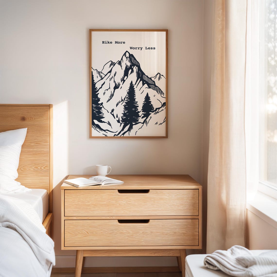 Hike More Worry Less Vertical Mountain Peak Pine Trees Art Poster