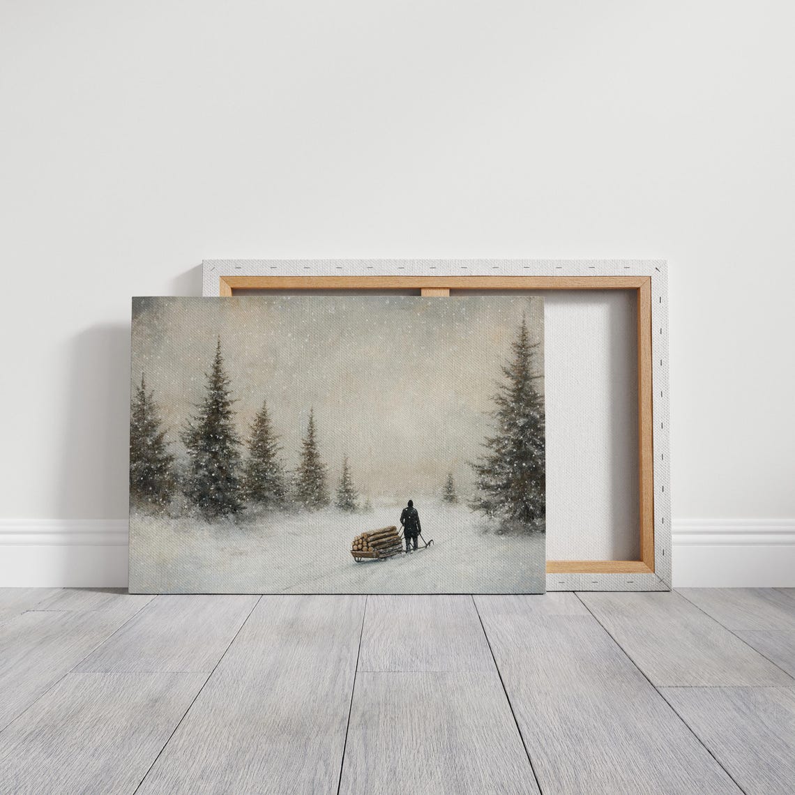 Minimalist Winter Forest Log Sled Journey in Falling Snow Art Poster - Image 6