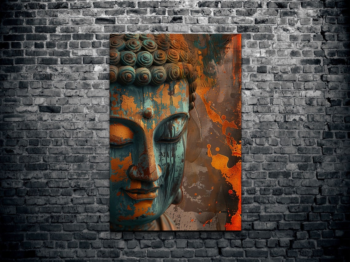 Serene Buddha Face in Teal and Gold Textured Portrait Art Poster - Image 2