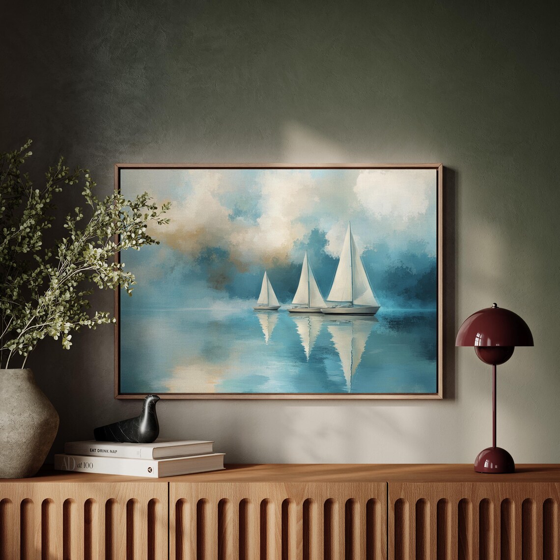 Three White Sailboats On Calm Teal Water Seascape Painting Poster - Image 4