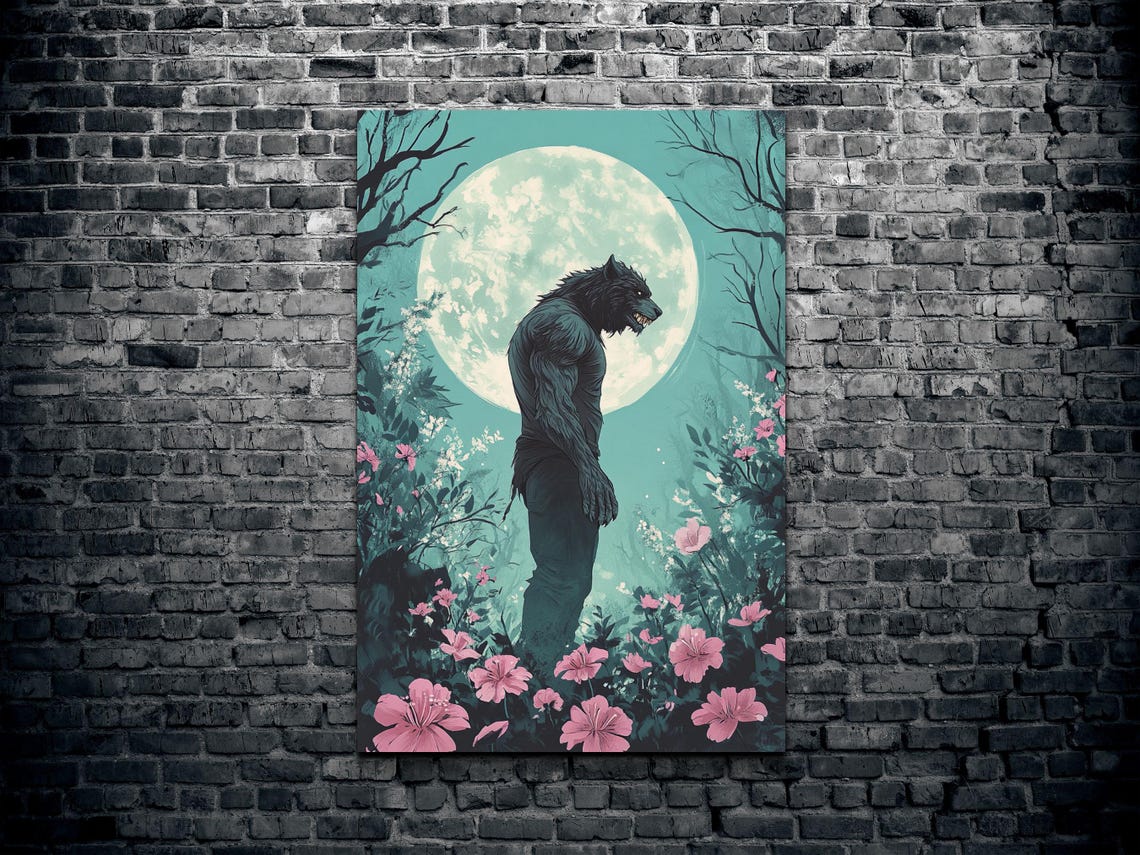 Werewolf Silhouette Pink Wildflowers Teal Full Moon Horror Poster - Image 2