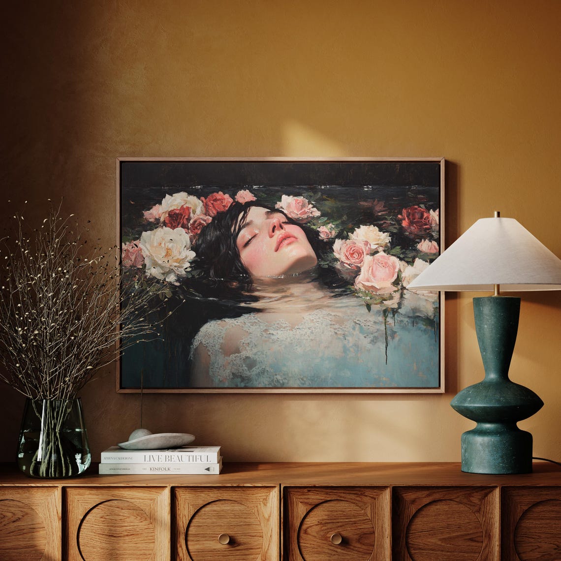 Serene Woman Floating Among Roses in Dark Still Water Art Poster - Image 5