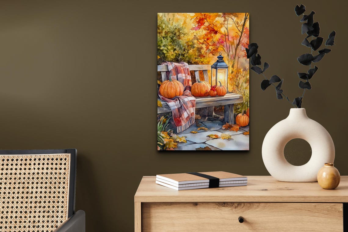 Autumn Porch Pumpkins Bench Lantern Plaid Blanket Art Poster - Image 4