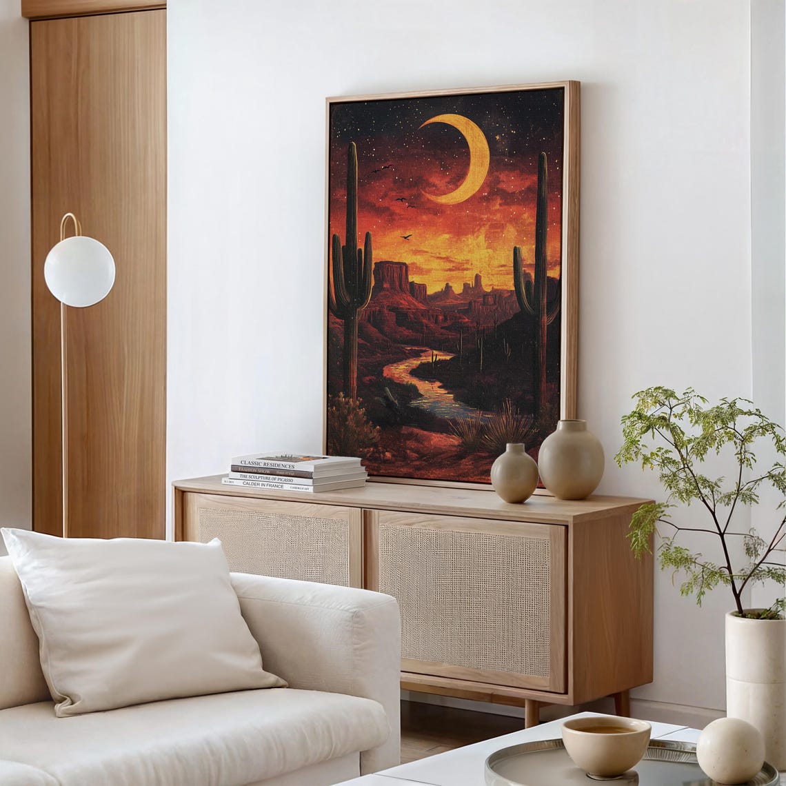Desert Canyon Under Giant Crescent Moon River Landscape Poster - Image 2