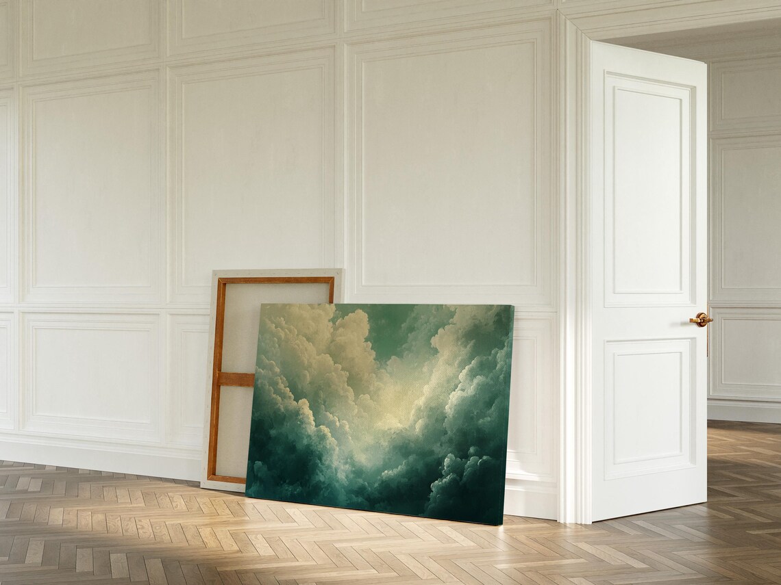 Majestic Towering Cumulus Clouds Green Cream Vintage Sky Wall Art - Image 2