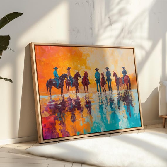 Vibrant Cowboy Reflection Art Western Sunset Riders Wall Decor Colorful Rustic Farmhouse Ranch Home Decor
