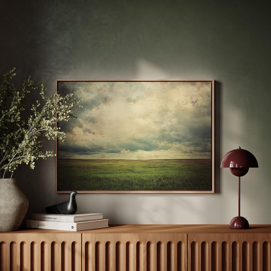 Rustic Prairie Landscape Green Field Under Moody Sky Vintage Poster - Image 3